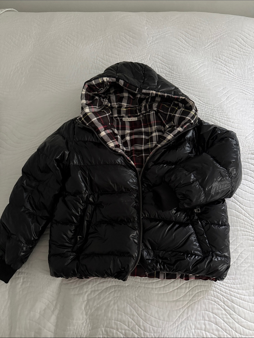Alice + Olivia Black Hooded Puffer with Plaid Lining